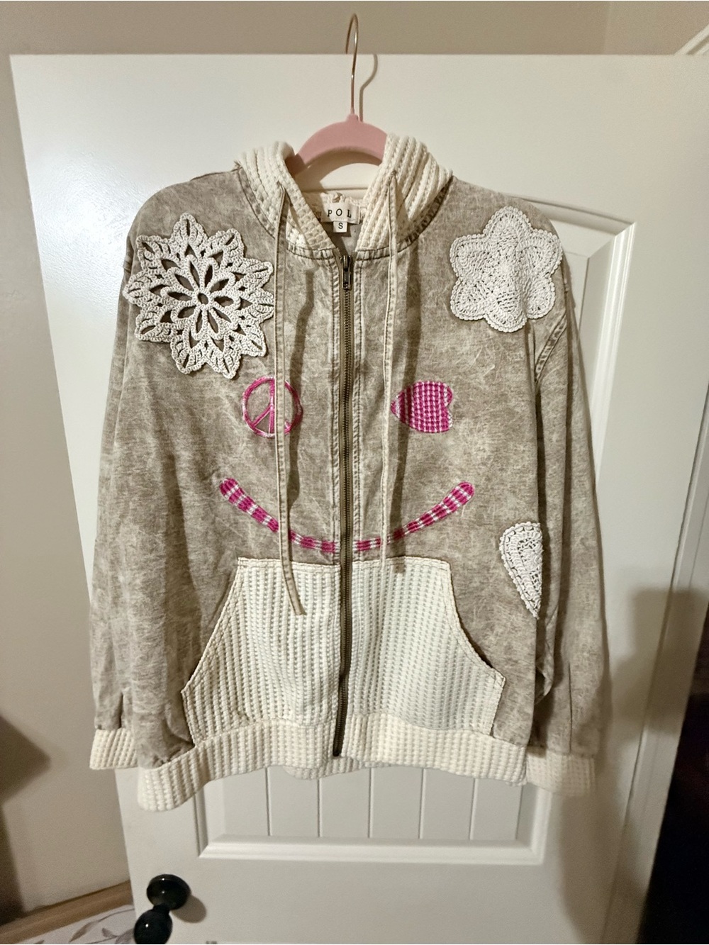 POL Women's Patchwork Hoodie Jacket with Pink Accents NWOT